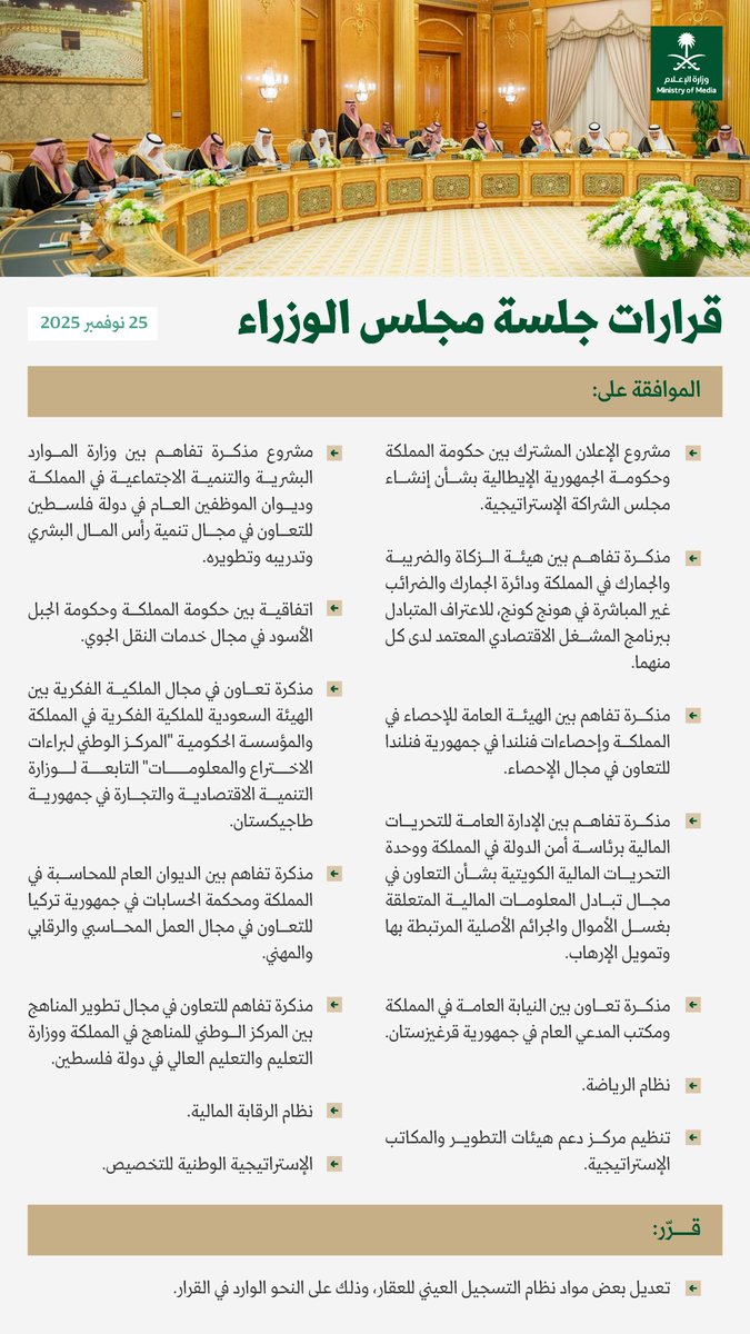 الموافقة على نظام الرياضة، ونظام الرقابة المالية، والإستراتيجية الوطنية للتخصيص؛ أبرز ما جاء في قرارات جلسة مجلس الوزراء.