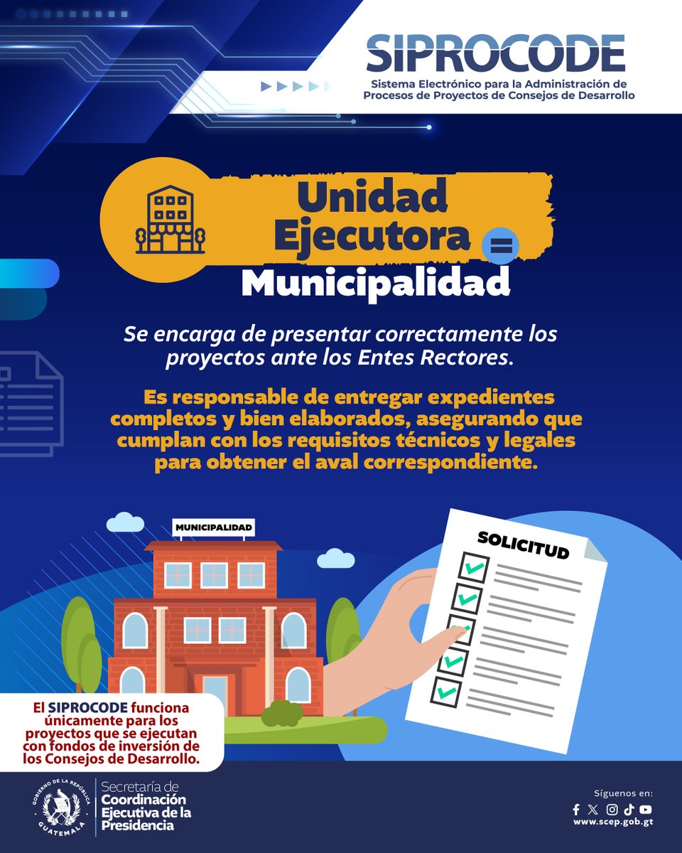 SCEPgt's tweet image. ¿Qué es la unidad ejecutora?

Es la entidad responsable de entregar expedientes completos y bien elaborados, asegurando que cumplan con los requisitos técnicos y legales necesarios para obtener el aval correspondiente.

#TransfiriendoPoderalaGente