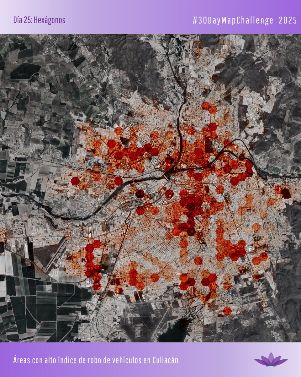 #30DayMapChallenge
Día 25: Hexágonos | Áreas con alto índice de robo de vehículos en Culiacán

Contar con datos públicos abiertos y georreferenciados es clave: permiten a la sociedad civil analizar, mapear y visibilizar problemas reales.

Fuente: FGE Sinaloa