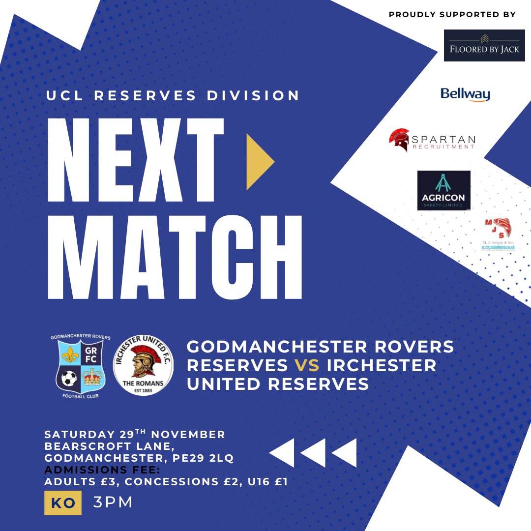 ⚽️NEXT MATCH⚽️

This Saturday we’re back in action at Home vs <a href="/IrchUtdFC/">Irchester Utd FC</a> Reserves. Get down and show your support for the res!🔵⚪️ 

📍Bearscroft Lane, Godmanchester 
🕣3pm KO

<a href="/utdcos/">UCL</a> <a href="/GoddyRoversFc/">Godmanchester Rovers</a>