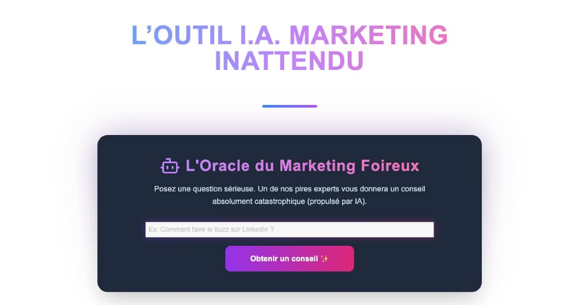 gregory-coste.fr/outil-ia-marke…
Marre des conseils #marketing #B2B nuls ?
Amusez-vous avec L'Oracle du Marketing Foireux, l’outil marketing #AI inattendu (j’avoue, propulsé par #Gemini).
7 Pires #Marketeurs B2B caricaturaux vous donnent des conseils ABSOLUMENT CATASTROPHIQUE. 🤦‍♂️