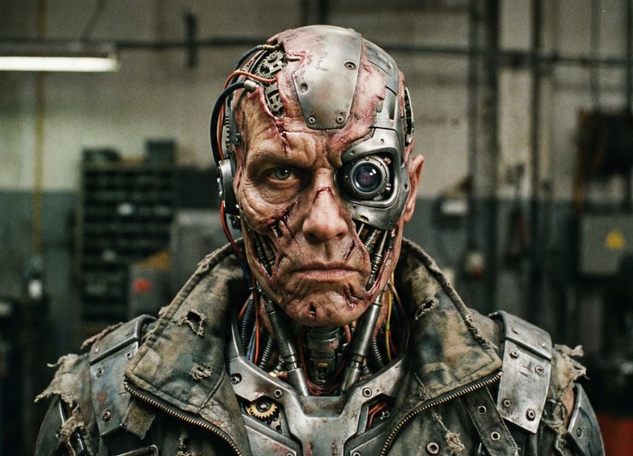 george_pavlou_'s tweet image. &quot;I&apos;ll be back.&quot; 🦾 Getting major Terminator vibes from this gritty portrait. The blend of flesh and steel is incredible.

#AIart #nanobananapro #cyborg #scifi