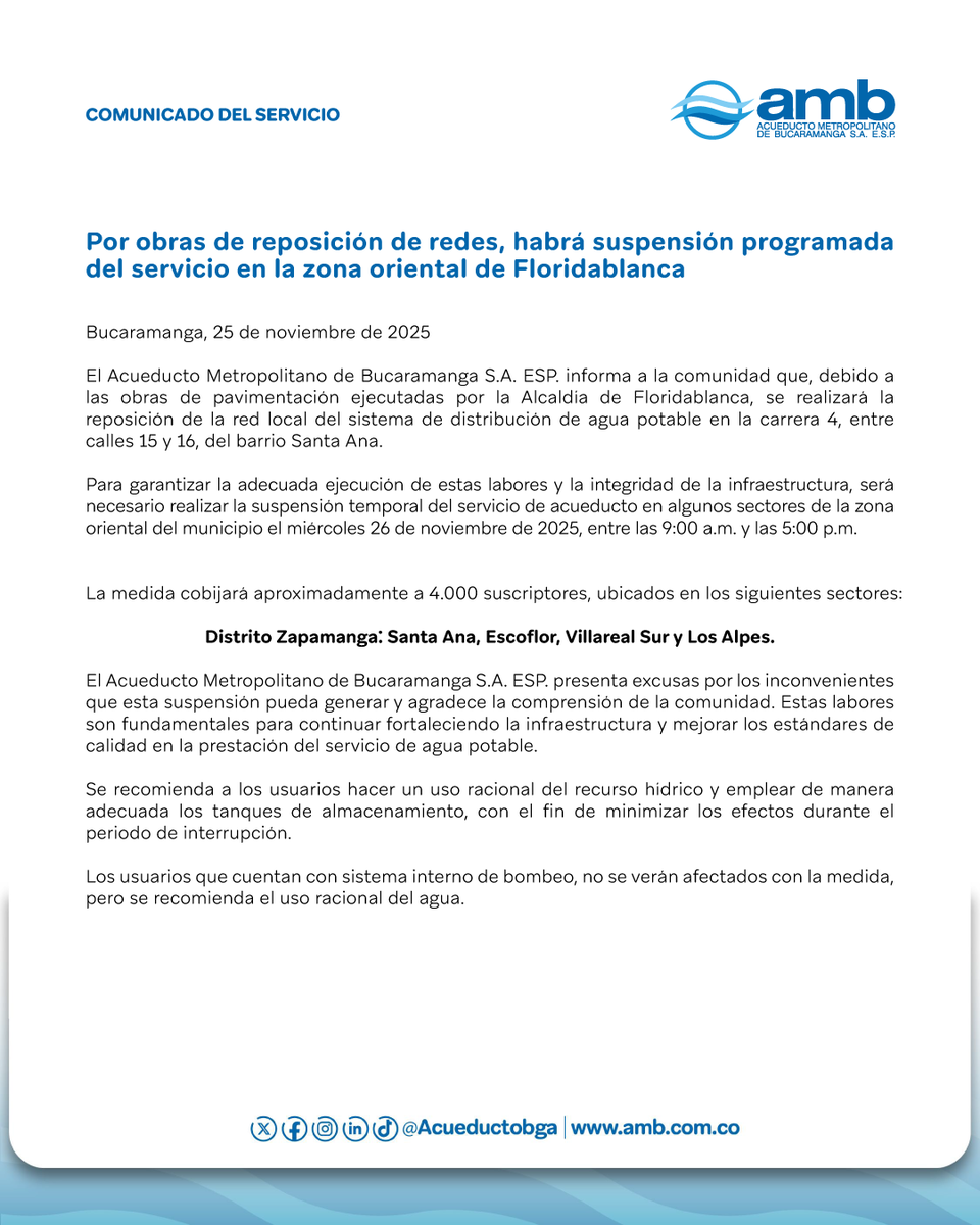 🚧#DeServicio Debido a las obras de pavimentación de la <a href="/Alcaldiafblanca/">Gobierno de Floridablanca</a> , realizaremos la reposición de redes de acueducto en la carrera 4 entre calles 15 y 16  (Santa Ana). Por ello, se suspenderá el servicio, mañana 26 de nov, en sectores de la zona oriental de Floridablanca.