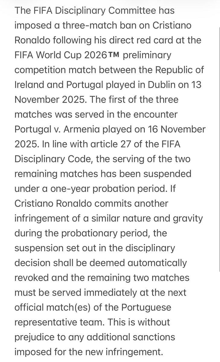 RobHarris's tweet image. Reprieve: FIFA clears Cristiano Ronaldo to play Portugal’s World Cup opener after deciding he won’t have to serve full 3-match FIFA ban for a sending off