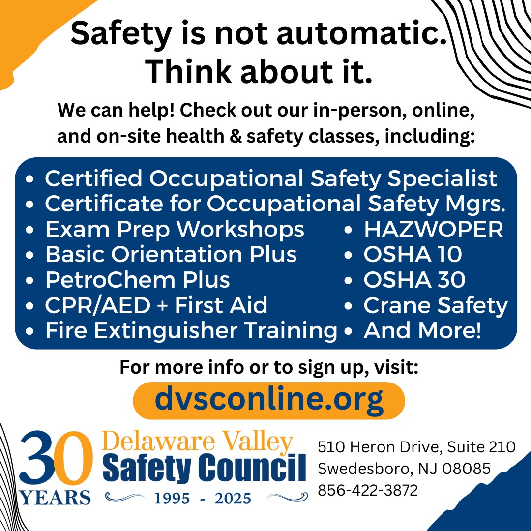 DvscAdmn's tweet image. Safety is not automatic.
Think about it.

We can help! Check out all our in-person, online, and on-site health and safety classes:
dvsconline.org

#COSS #COSM
#CPR #BOP
#HAZWOPER
#OSHA10 #OSHA30
#PetroChemPlus
#FireExtinguisherTraining
#ExamPrepWorkshops