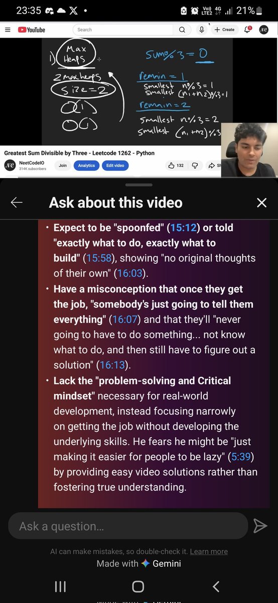 Chiragg_030's tweet image. #neetcode 
@neetcode1 , literally I am agreeing over all the points of him which he mentioned about the problem solving and always I believe that everyone should be focus on thinking critically according to the problem solving mind set rather than just being getting done things..