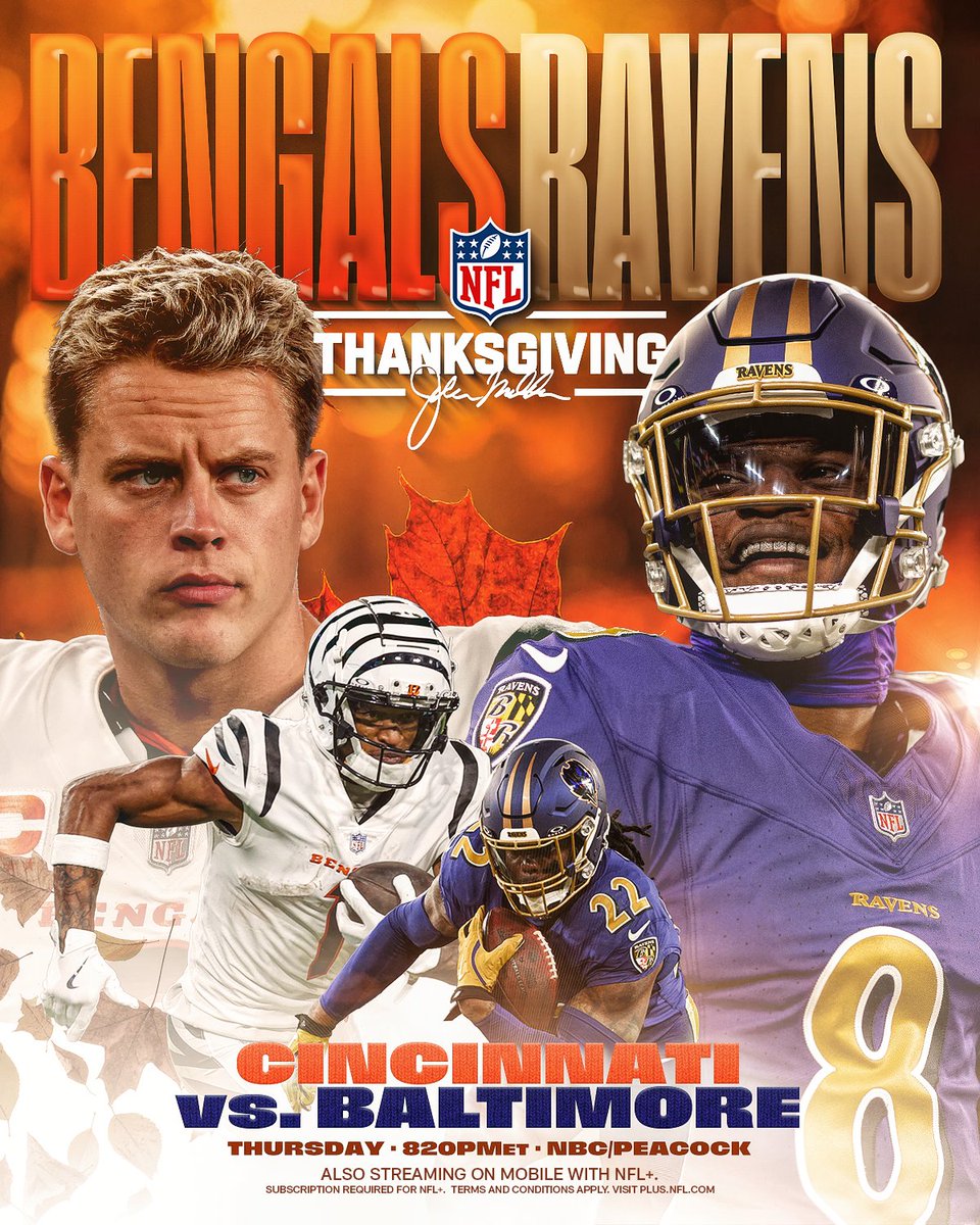 NFL's tweet image. Clear the table, cue the chaos 😈

CINvsBAL– Thanksgiving Day 8:20pm ET on NBC
Stream on @NFLPlus + Peacock