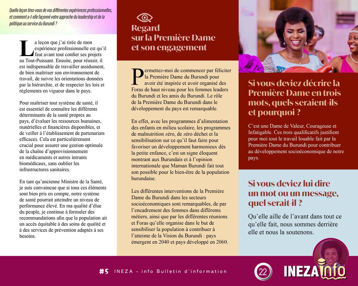 #ElleEnElles
Entretien avec l’Honorable Sabine Ntakarutimana <a href="/DrNtakarutimana/">Hon Dr Sabine Ntakarutimana</a> qui était alors Première Vice-Présidente de l’Assemblée nationale <a href="/nshingamateka/">Inama Nshingamateka</a> 
À la question : « Décrivez la Première Dame en trois mots », elle répondit : « Valeur, courage, infatigable. »
#Burundi