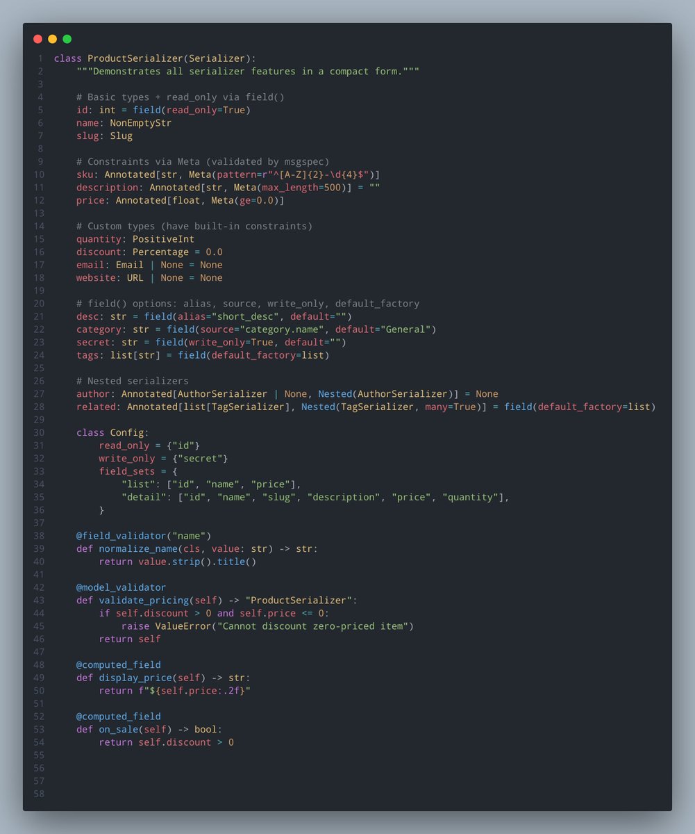 FarhanAliRaza4's tweet image. Django Bolt Update 0.3.5

A new Serializer class built on top of msgspec, but with the dx of Pydantic.

Python 3.14 support

Some performance optimizations