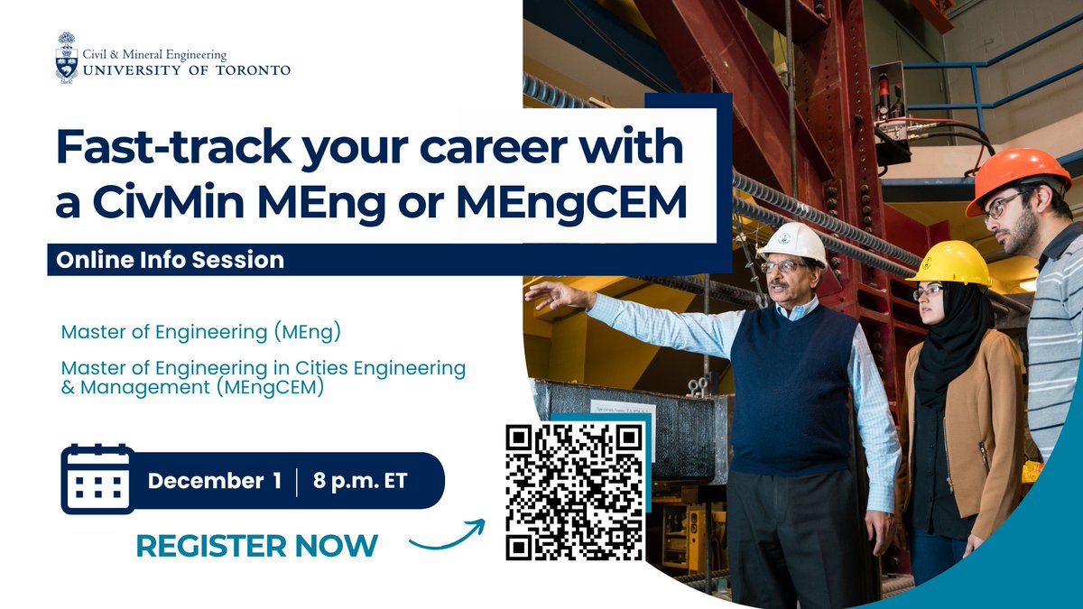 UofTEngineering's tweet image. Discover how a Master of Engineering (MEng) or Master of Engineering in Cities Engineering &amp;amp; Management (MEngCEM) degree in Civil &amp;amp; Mineral Engineering can open up new opportunities and accelerate your career.

📅 Dec. 1 | 8 p.m. ET | online

🔗 Register: civmin.utoronto.ca/event/online-i…