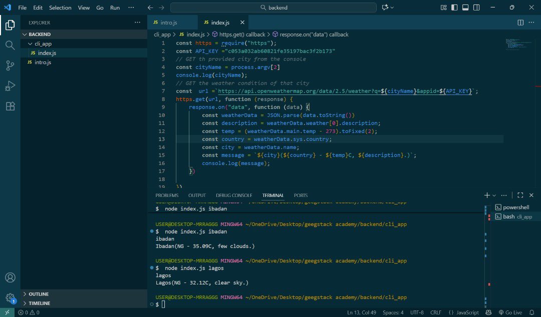 FarukOlawale3's tweet image. Day 40 of #100DaysOfCode 
Started backend development today! Built a simple CLI app with Node.js that fetches real-time weather data from an API based on city input. First time working with built-in modules like `https` and handling API responses in Node. 
#Nodejs #Backend