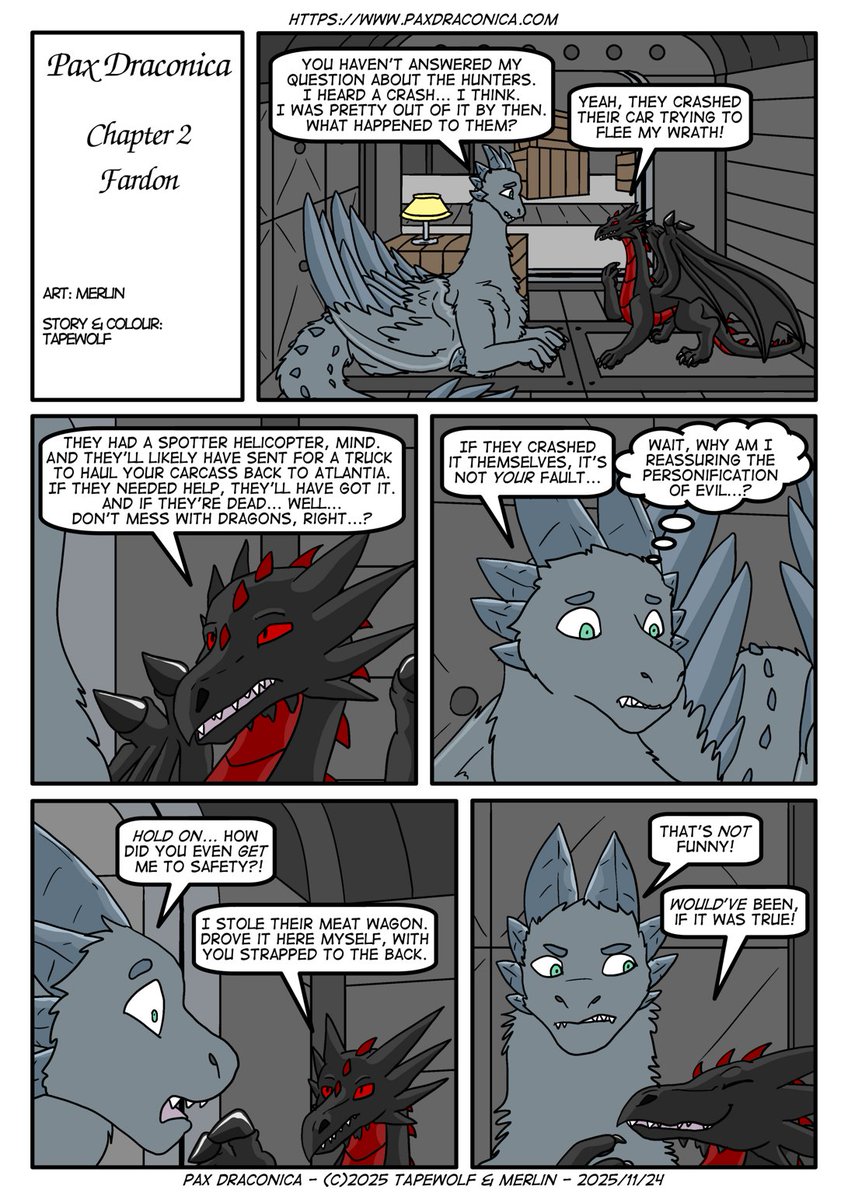 Mermul asks what became of the Hunters in Pax Draconica.
#furry #comics #furryart #dragons

Previous pages are here: paxdraconica.com/paxdrac1.php?s…