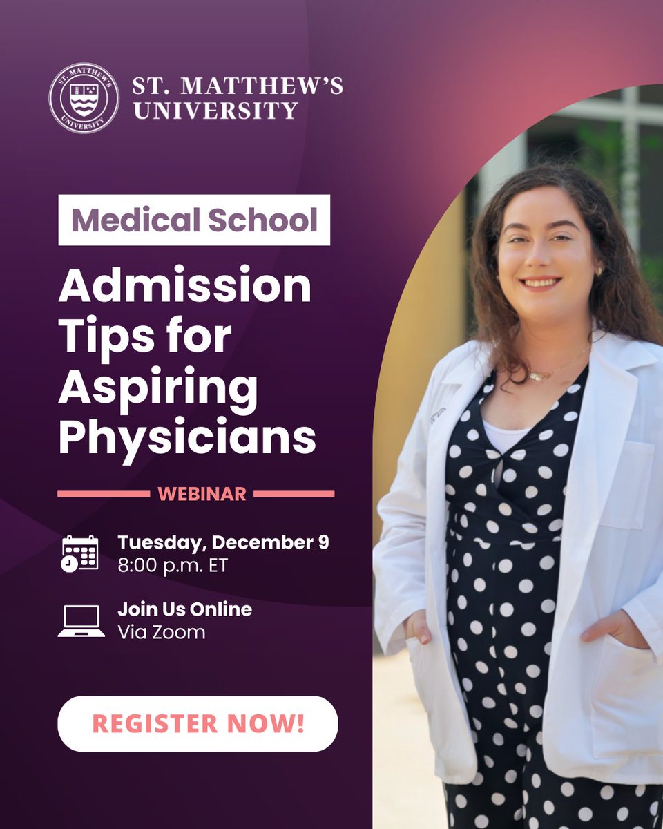 StMatthewsU's tweet image. Our upcoming webinar is perfect for aspiring med students! ✨

Hear directly from admissions experts about our #MDProgram, scholarships and supportive learning environment. 🩺🌍

#StMatthewsUniversity #FutureDoctors #SMUSOM