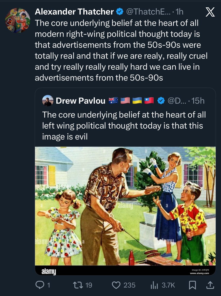 PineTreeGOP's tweet image. My problem with this sort of exchange is I think most people (I give the collective credit at my own risk) who post the 1950s advertisements stuff know it wasn’t like this.

They post it to aspire to what it represents. That being a family, a community, and comfort.