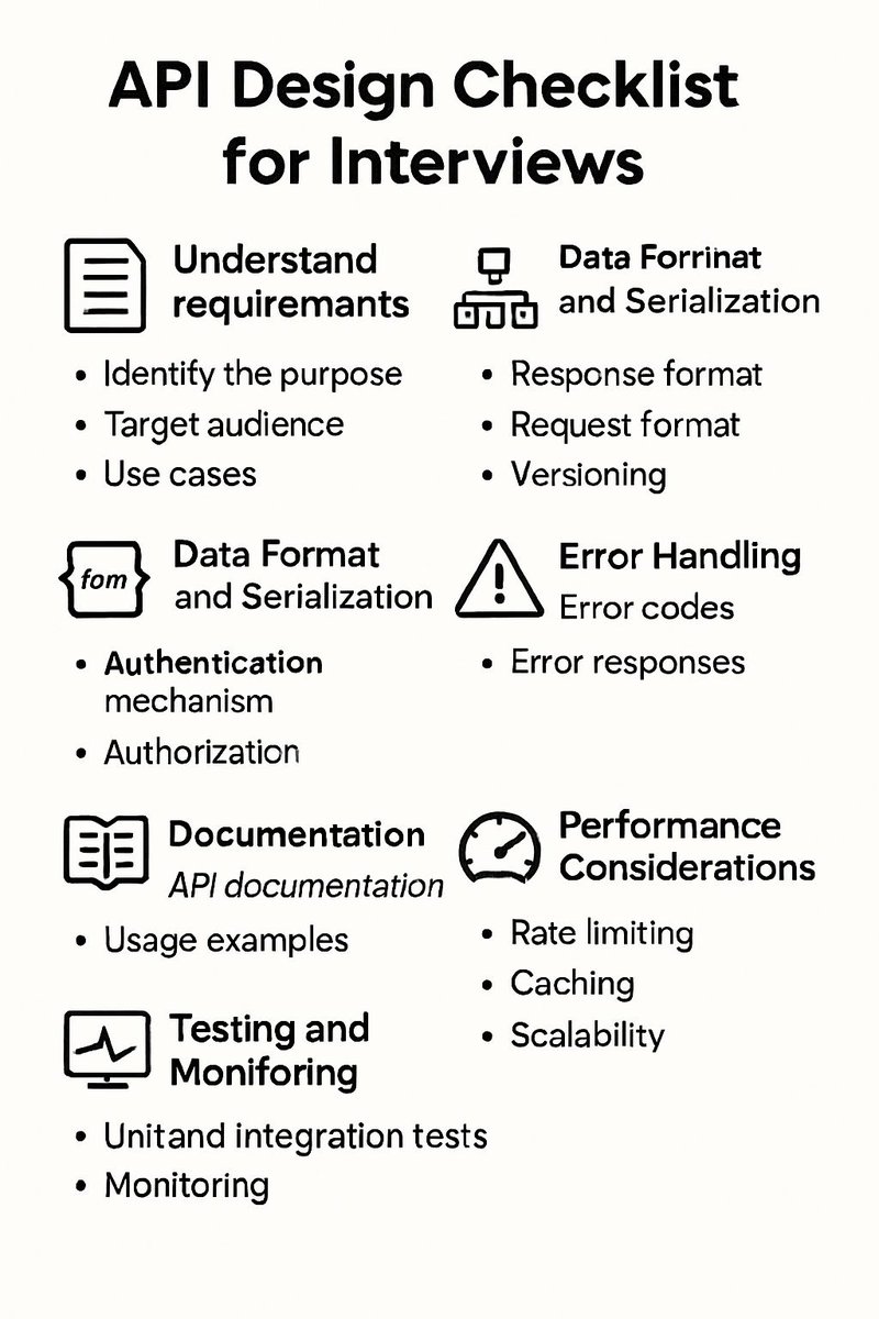 bugfree_ai's tweet image. Ace your API design interview!  
✔️ Understand requirements  
✔️ Define clear endpoints  
✔️ Secure with auth  
✔️ Handle errors  
✔️ Document  
✔️ Optimize  
✔️ Test  
Be ready to justify every choice!  
#APIDesign #TechInterview