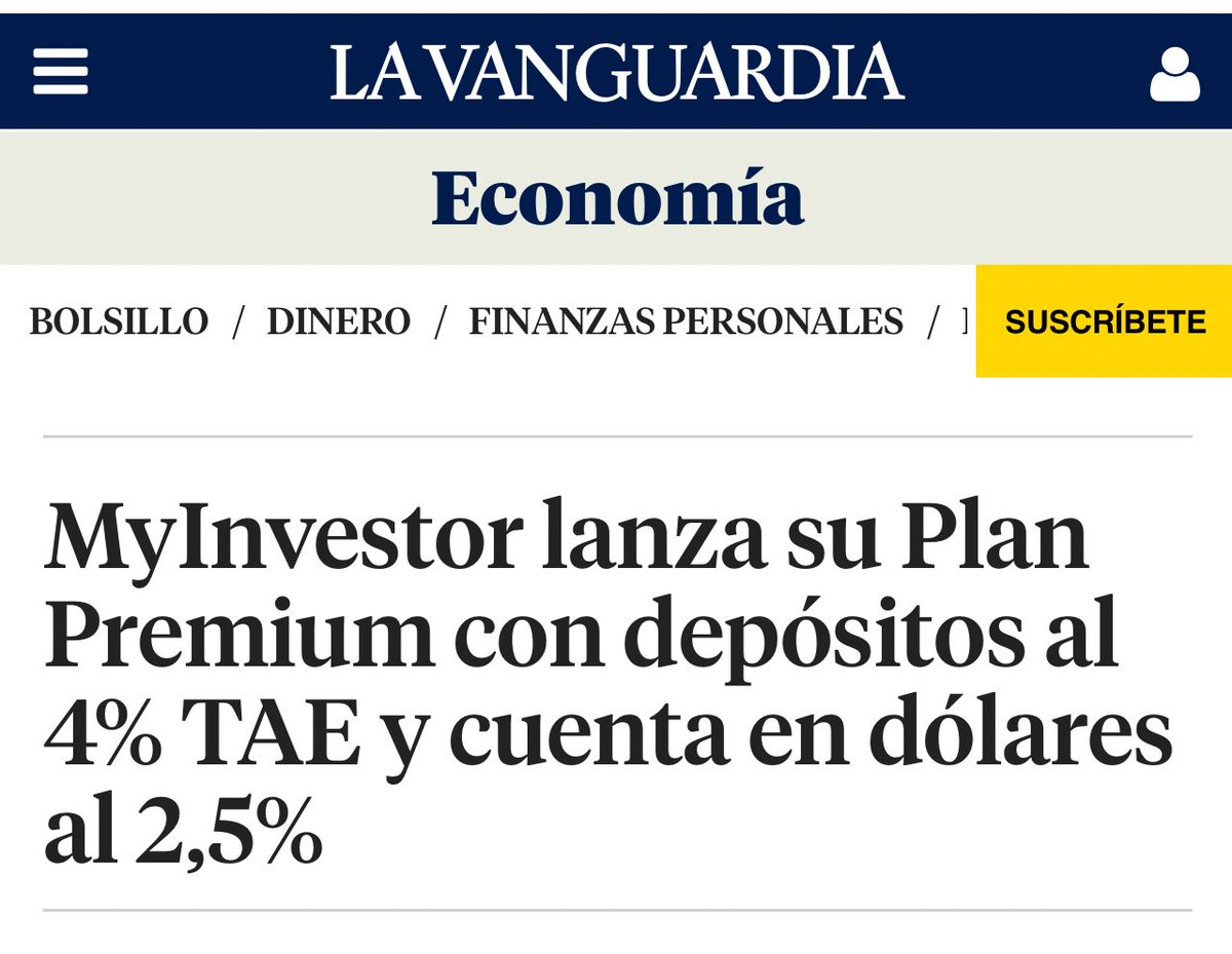 MyInvestorES's tweet image. 🚀 Nuevo plan Premium de MyInvestor: +7,99 €/mes te dan acceso a depósitos al 4 % TAE y una cuenta en dólares al 2,5 %. Muy potente para ahorrar + invertir. @LaVanguardia lavanguardia.com/economia/20251…