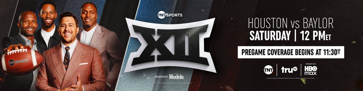 TNTSportsPR's tweet image. Inaugural year of Big 12 Football on TNT concludes with Houston Cougars visiting Baylor Bears, Saturday, Nov. 29, at Noon ET

All-access XII Uncovered series to continue with Houston on Saturday, at 11 a.m., on TNT, truTV &amp;amp; HBO Max

press.wbd.com/us/media-relea…