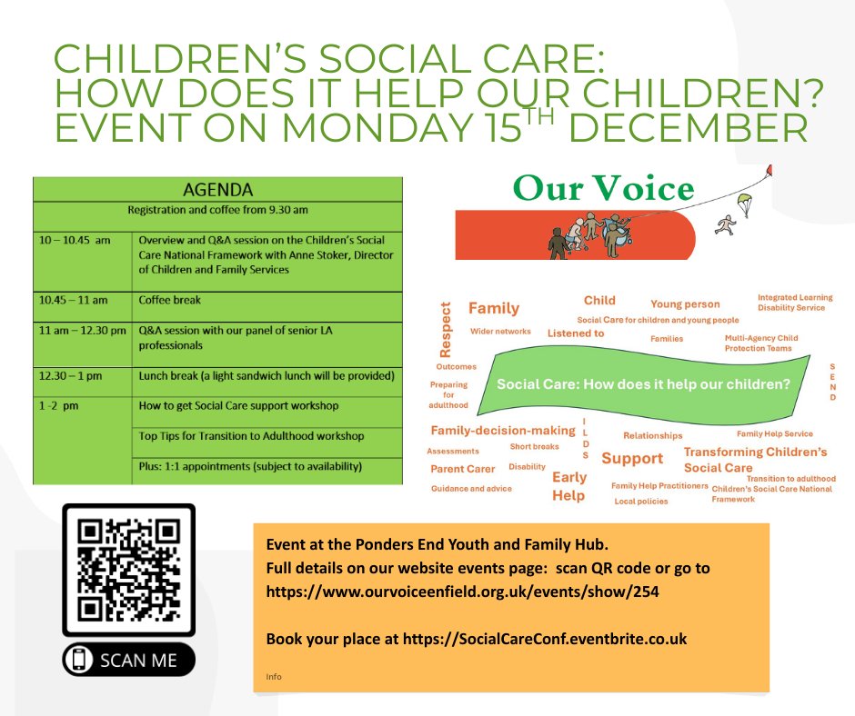 Children’s Social Care - How does it help our children? Join us Mon 15 Dec 10am–2pm to meet LA Heads of Service, ask questions, &amp; learn about social care support, upcoming changes, transitions to adulthood, and more.
Book SocialCareConf.eventbrite.co.uk
Info: ourvoiceenfield.org.uk/events/show/254