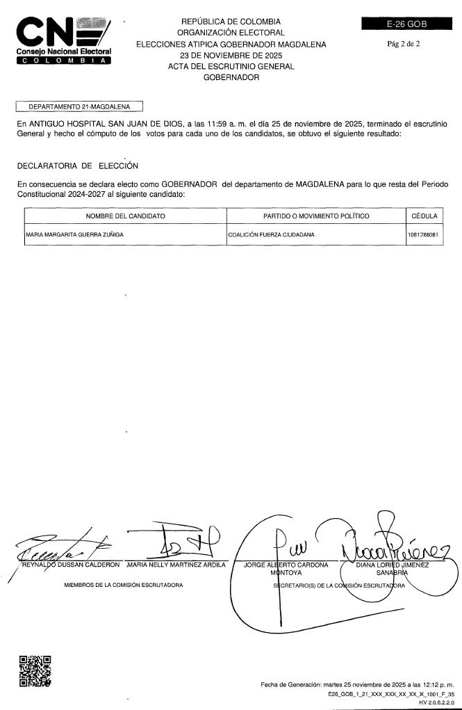 #Magdalena | Finalizó el escrutinio general de la elección atípica en el Magdalena con la entrega oficial de la credencial al apoderado de la gobernadora electa, Margarita Guerra. Con este acto, las autoridades certifican su elección y cierran formalmente el proceso electoral,