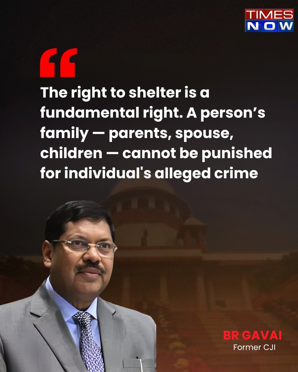 TimesNow's tweet image. #EXCLUSIVE

The right to shelter is a fundamental right. A person’s family — parents, spouse, children — cannot be punished for individual's alleged crime:  Former CJI BR Gavai in conversation with @madhavgk on Bulldozer Judgment

#TNCards #BRGavai #Trending