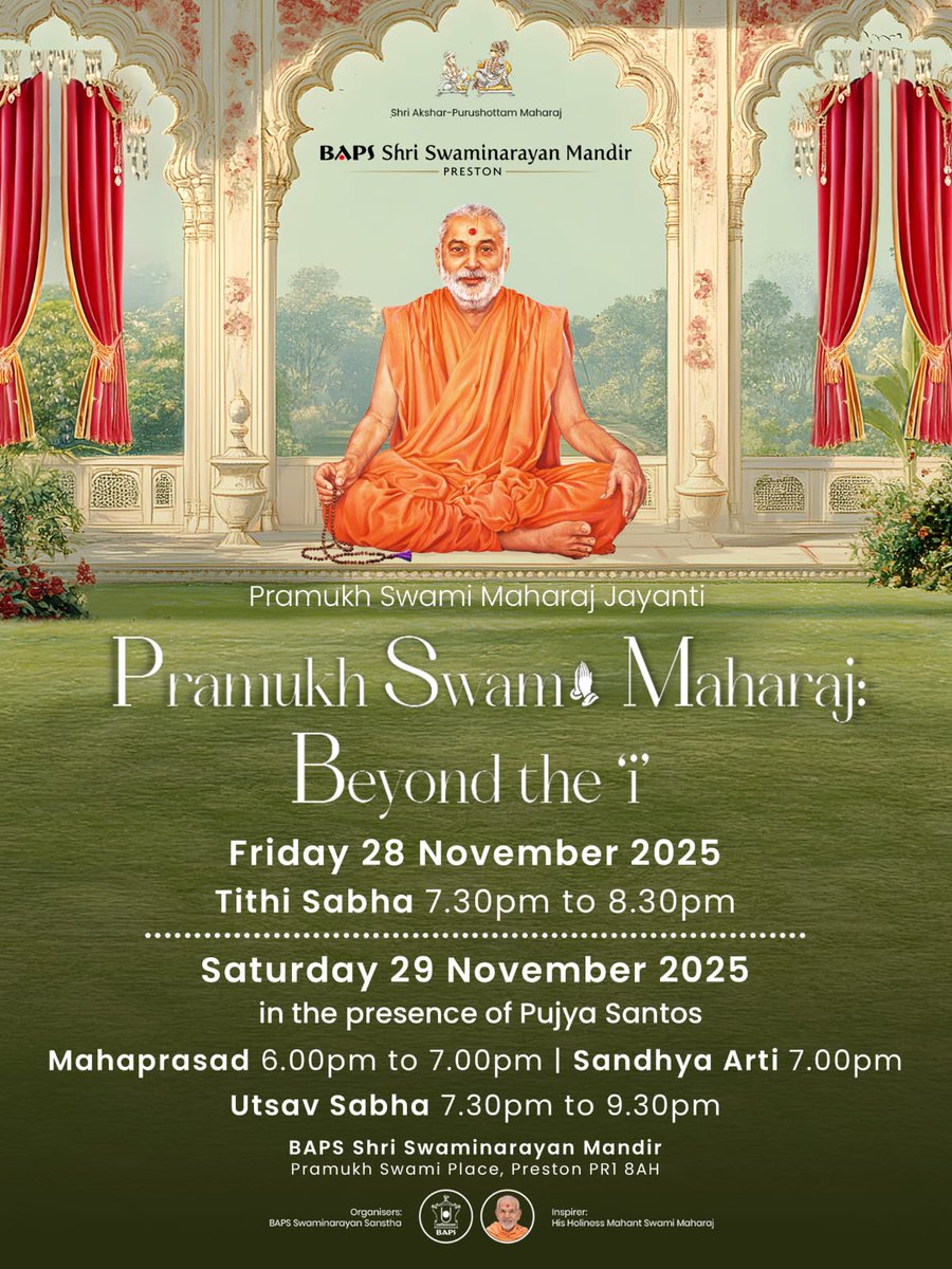 Join us this Friday &amp; Saturday to celebrate the birth anniversary of Brahmaswarup Pramukh Swami Maharaj, the 5th spiritual successor of Bhagwan Swaminarayan. 

🗓️ Saturday 29 November 2025
🍽️ Mahaprasad: 6.00pm - 7.00pm
🔥 Sandhya arti: 7.00pm
🗣️ Utsav Sabha: 7.30pm - 9.00pm