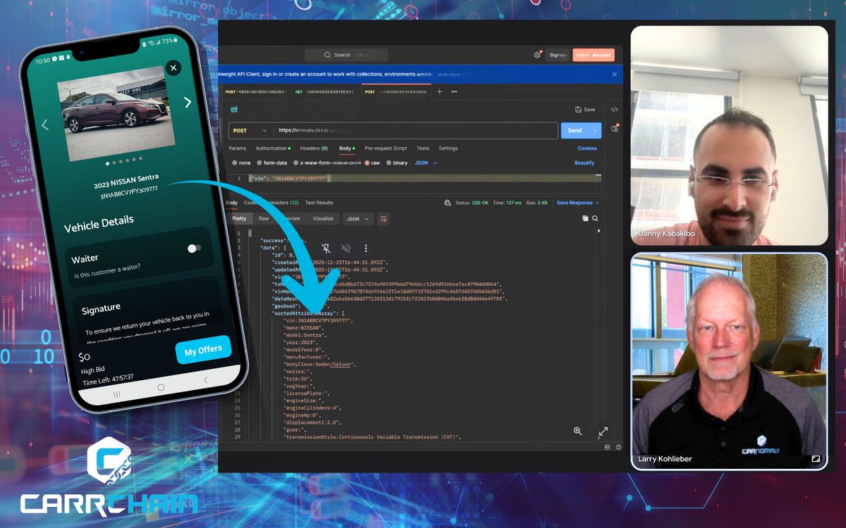 Larry and Danny have been doing finally testing on connecting the Carnomaly and CarrDealer apps to CarrChain

Soon everyone will be able to add their vehicles to the CarrChain blockchain