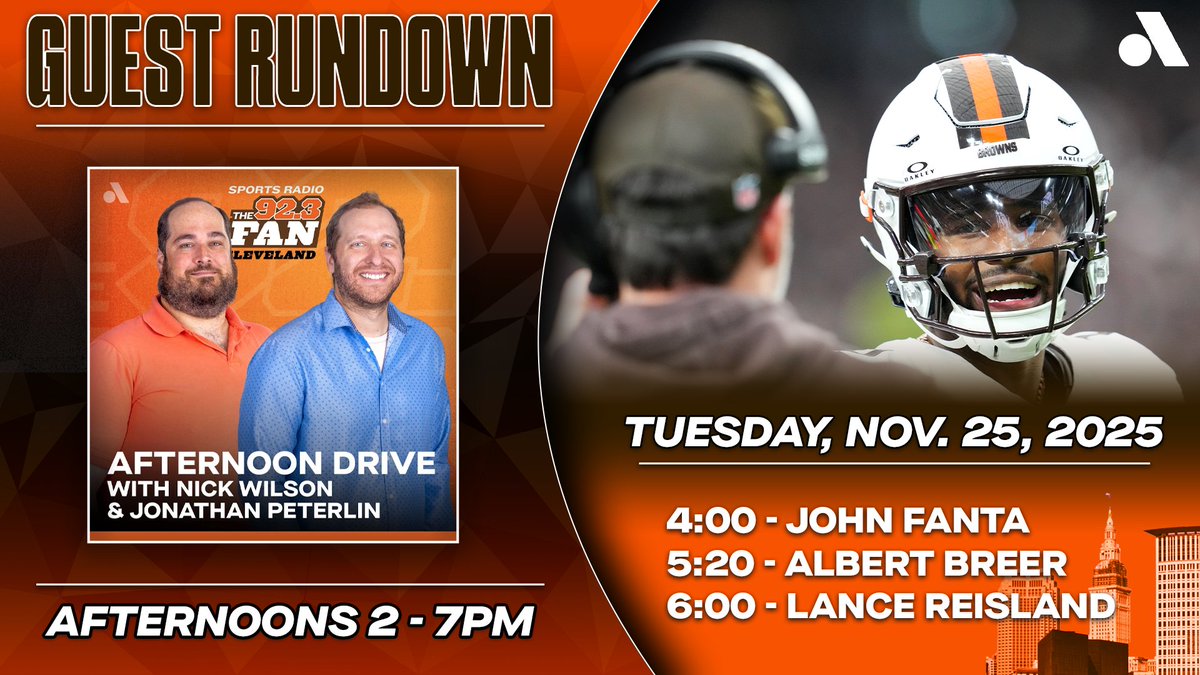 It's Tuesday on Afternoon Drive with <a href="/JPeterlin/">Jonathan Peterlin</a> and <a href="/RuiterWrongFAN/">Daryl Ruiter</a> on <a href="/923TheFan/">92.3 The Fan</a>!

🏈 Did Shedeur Sanders go rogue on Sunday?
🏈 Do you care if the #Browns are 'playoff disruptors?'

<a href="/John_Fanta/">John Fanta</a> at 4
<a href="/AlbertBreer/">Albert Breer</a> at 5:20
<a href="/LanceReisland/">Lance Reisland (Coach Riz)</a> at 6

🔊 Listen: audacy.com/stations/923th…