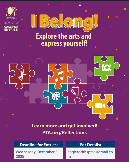 ERJrSrHighPTSA's tweet photo. Eagles! We are taking entries into the 2025 National PTA Reflections Art Program by the 12/05 deadline. Apologies for the short notice. https://t.co/uzoymAsZlZ

#PTAProud #PTA4Kids #HowWePTA #PTAExcellence #LASchools #PTAReflections #CaliforniaPTA #NationalPTA https://t.co/GPzfEXIY1I
