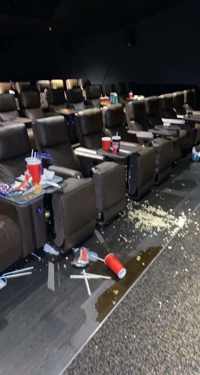 ratlimit's tweet image. Movie theaters after marathon runners attend a screening (the cost of cleanup is factored into ticket prices)