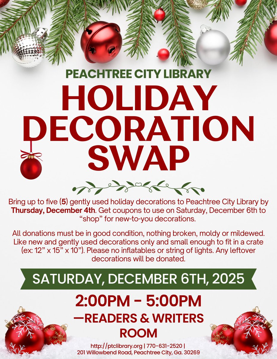 🎄♻️ Give your holiday décor a fun refresh! Join the Holiday Decoration Swap at Peachtree City Library on Dec 6, 2–5 PM. Bring gently used items ahead of time, earn coupons, &amp; “shop” for festive treasures! 🎁✨

#PeachtreeCityLibrary #HolidaySwap #EcoFriendlyHolidays #PTCEvents
