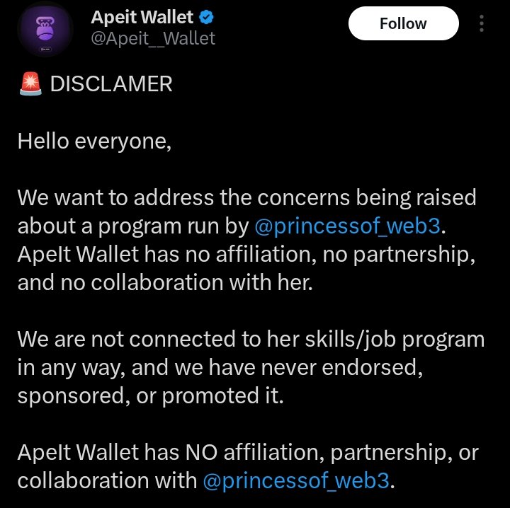 Asquare012's tweet image. @Apeit__Wallet and @_blockhub has terminated any affiliation they had with @princessof_web3