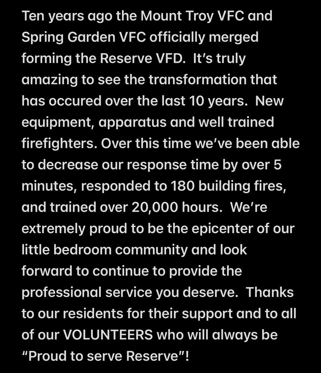 ReserveVFD's tweet photo. 10 years ago we merged the Mt Troy VFC and Spring Garden VFC forming the Reserve VFD. https://t.co/RDrsPo4N6z