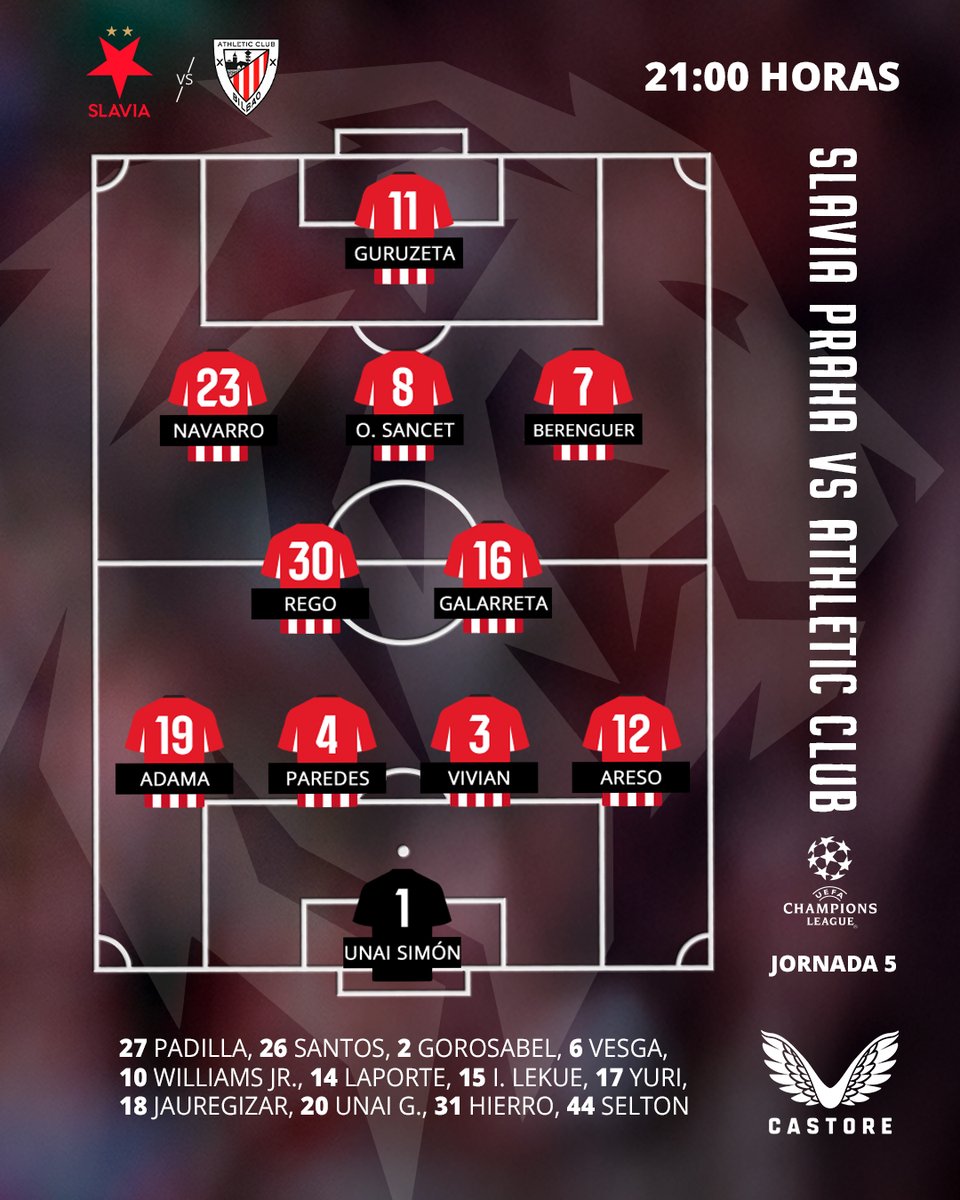AthleticClub's tweet image. 🇪🇺 𝗔𝗟𝗜𝗡𝗘𝗔𝗖𝗜𝗢́𝗡 🆚 @slaviaofficial

👊 ¡Nuestro equipo inicial para el #SlaviaPrahaAthletic de esta noche!

#UniqueInTheWorld 🦁