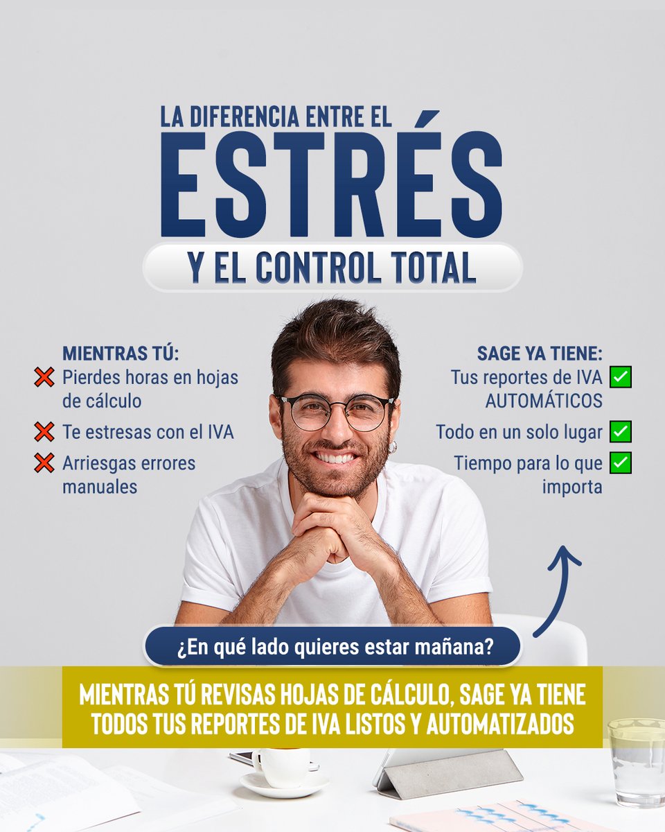 Faltan 5 días. Mientras otros pierden tiempo con cierres mensuales manuales, cálculos y errores, tú podrías estar haciendo crecer tu negocio. Con Sage 50, automatiza reportes, conciliación bancaria e impuestos. Integrado con VeriFactu. Deja el estrés y asume el control total.