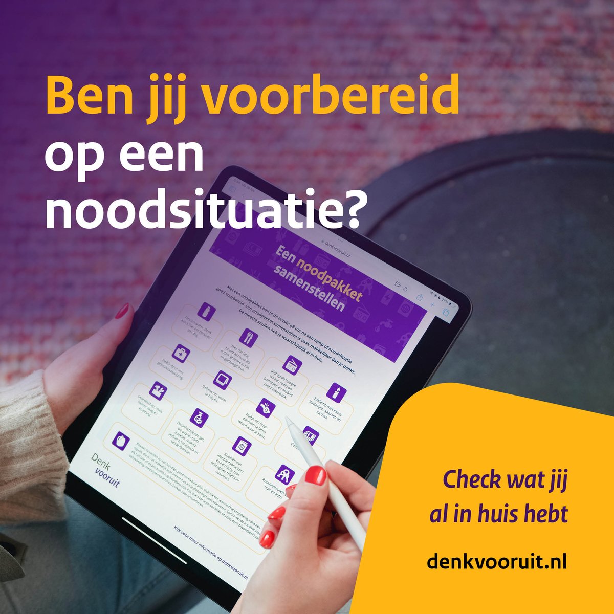 Hoe goed ben jij voorbereid op een noodsituatie? Deze checklist helpt bij je voorbereiding. Waarschijnlijk heb je al meer in huis dan je denkt. Bekijk het eens op denkvooruit.nl/noodpakket

#denkvooruit #noodsituatie #wathebikinhuis #ikbenvoorbereid