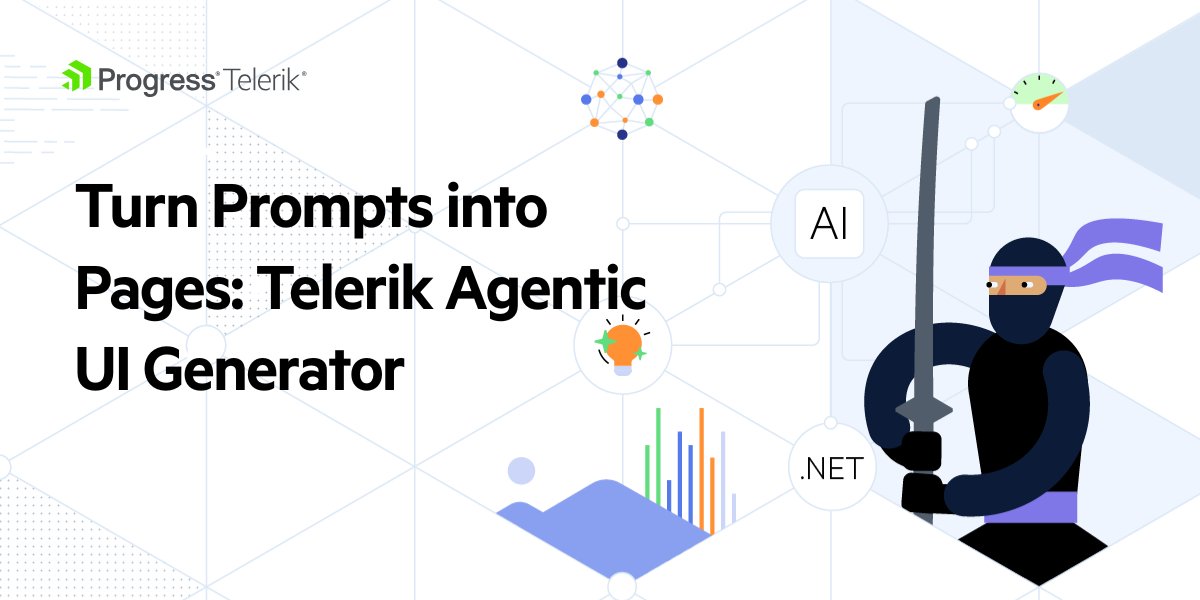 Telerik's tweet image. No need to assemble UIs when you can prompt them instead! 😎  

The new Telerik Agentic UI Generator is an absolute marvel, coordinating Layout, Style, &amp;amp; Component Assistants to scaffold entire pages in seconds! 

Check with @EdCharbeneau for a neat look into the technical flow…