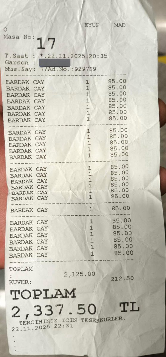 Mado’da 25 bardak çay 2.125 TL.