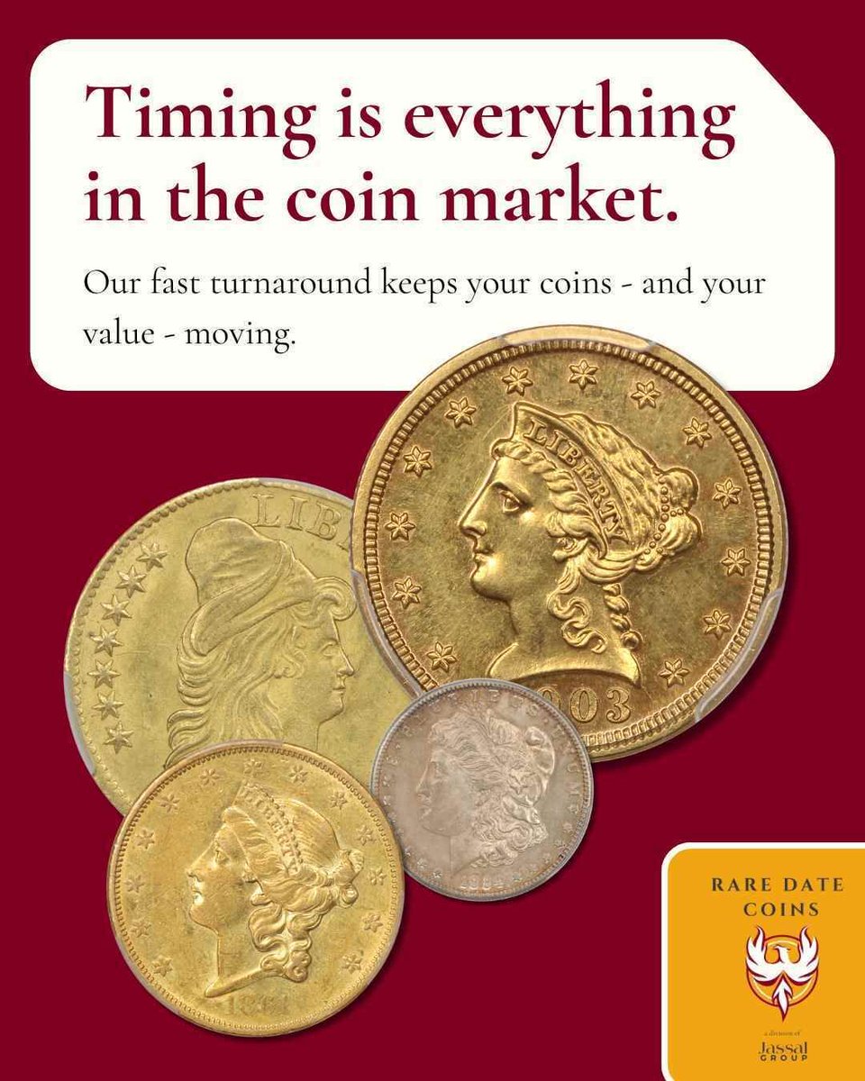 deepc's tweet image. Why wait months? 
At Rare Date Coins, coins go live in 7–10 days – no buyer’s premium, no delay. 
Fast, fair, ethical sales. Contact us today to learn more about how we work - raredatecoins.com/contact/ 
#CoinAppraisal #Efficiency