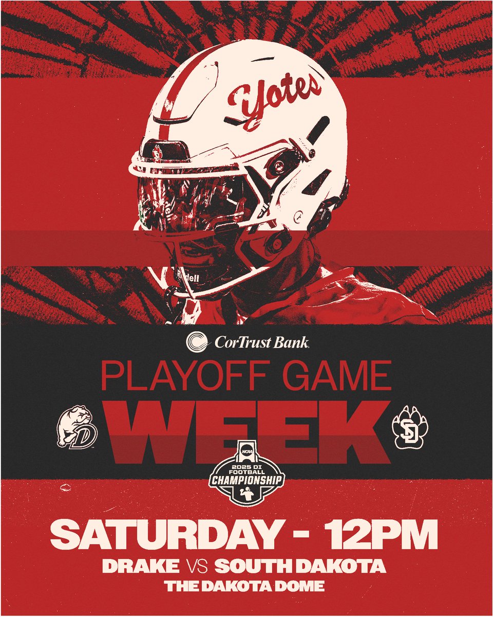 𝐏𝐋𝐀𝐘𝐎𝐅𝐅 𝐆𝐀𝐌𝐄 𝐖𝐄𝐄𝐊! 

📅 » Nov. 29
⏰ » 12:00 PM (CT)
📺 » ESPN+
📻 » Coyote Sports Network
🎟️ » GoYotes.com/FBTix

#GoYotes x <a href="/cortrustbank/">CorTrust Bank</a>