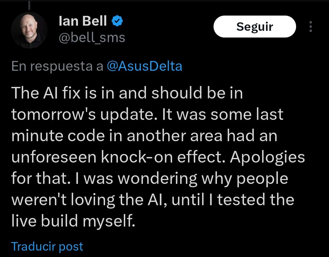 croden_33's tweet photo. @Heikki360 Jajjajajaj no os preocupéis. Mañana sale la update que arregla la IA. Ayer tocaron código que ha hecho efecto dominó. Es la puta cabra 🤣🤣🤣🤣 https://t.co/HQTa66T2cZ