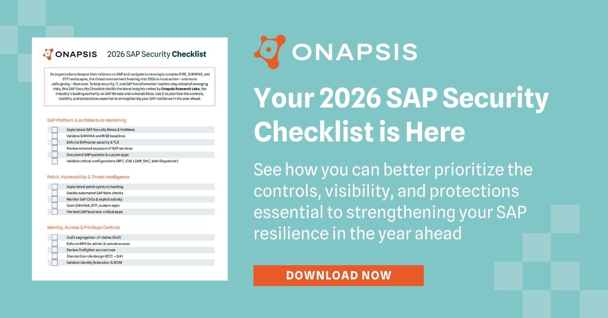 onapsis's tweet image. Secure your SAP systems for 2026. Stop guessing. ✅

Get the essential roadmap for RISE, S/4HANA, and Cloud ERP security from Onapsis Research Labs.

Download the 2026 SAP Security Checklist: ⬇️

bit.ly/3LY6ZKC

#SAPSecurity #RISEwithSAP #SAPS4HANA #CISO #CyberResilience