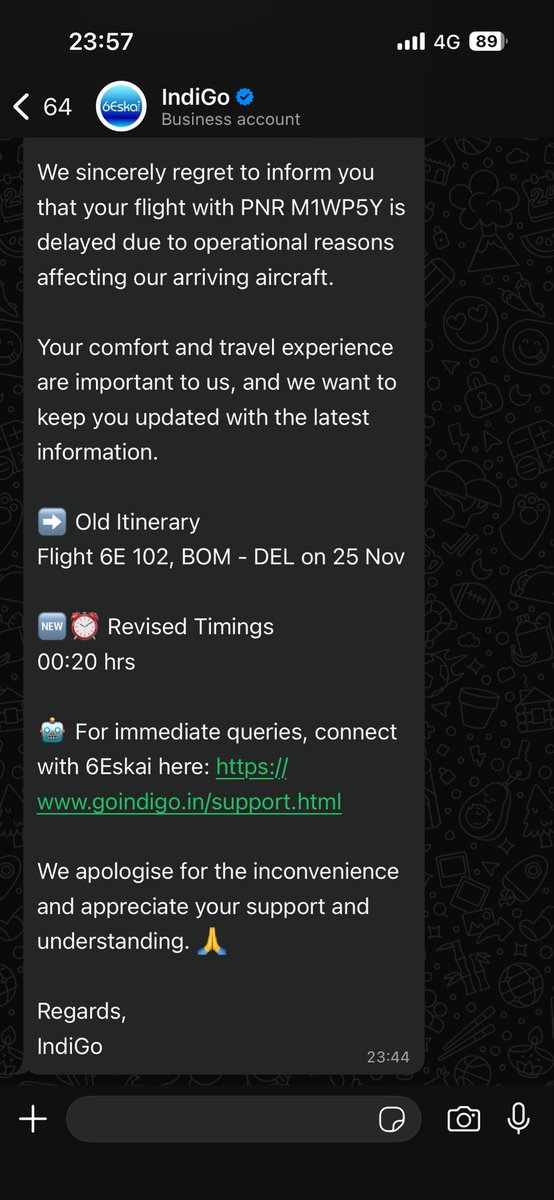 ___tanvee's tweet photo. What in the world is wrong with you? @IndiGo6E 

A flight scheduled to take off at 9:15 PM gets delayed thrice, and despite being given an assurance that 11:50 PM is the final time, you send a message at 11:45 PM that there’s another delay? 

Probably the worst experience ever! https://t.co/AOzHsPAgbe