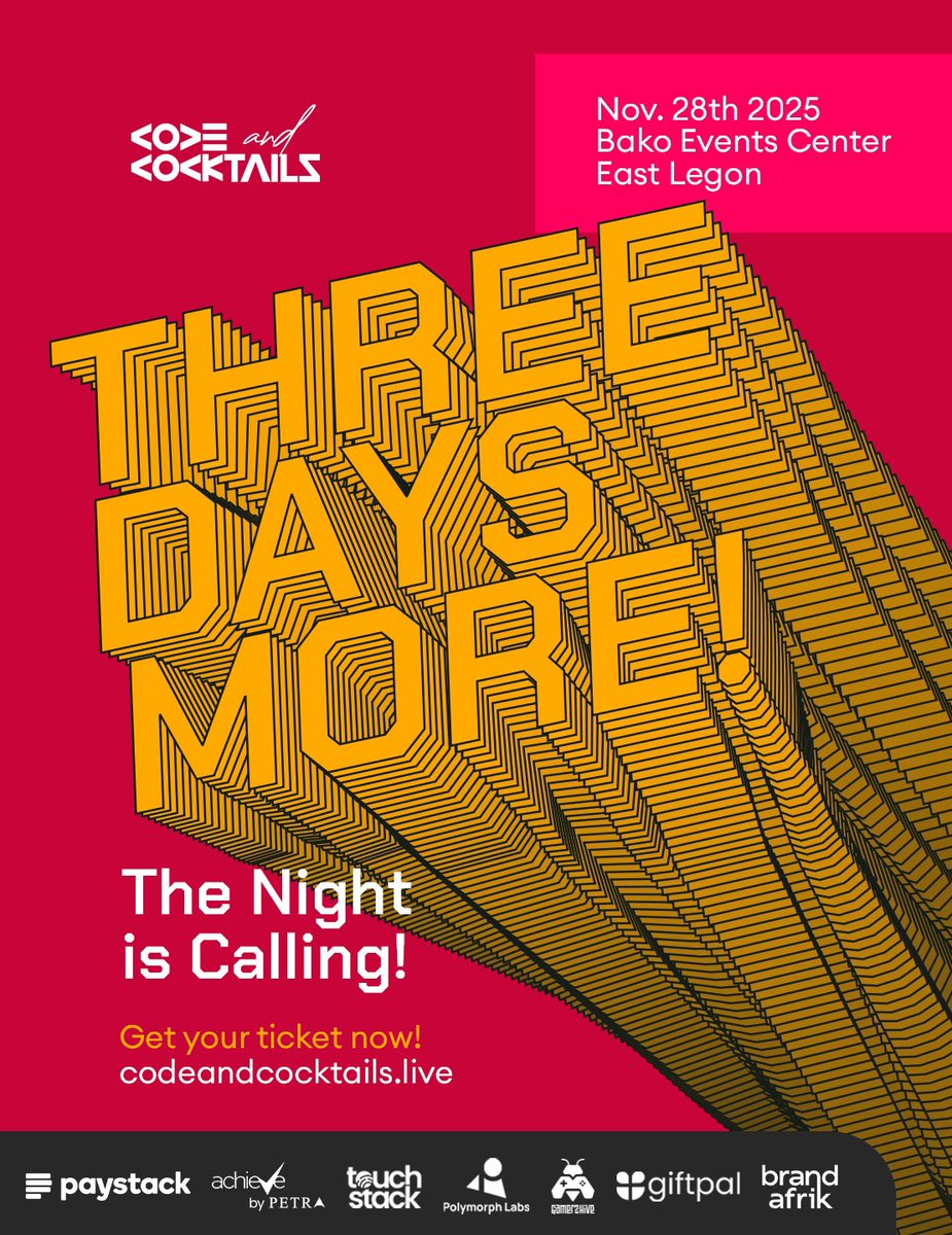 codeNcocktails's tweet image. In 3 days, we’re gonna burn the night and for once in a while, it won’t be because of a tight deadline (which we tightened ourselves)🤭

📆This Friday, we party harddd at Bako Events Center, 6:00pm till midnight!

🎫You still no get tickets? Ei chairman!
codeandcocktails.live