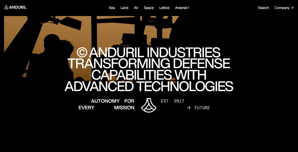 traestephens's tweet image. New @anduriltech website just dropped. 

@jendarhy thinks it&apos;s &quot;thirsty&quot; to announce this sort of thing, but I think it&apos;s a disservice to the defense tech companies who copy our design to not alert them to updates.

DM Jen directly for full style guide so you can stay dialed in.