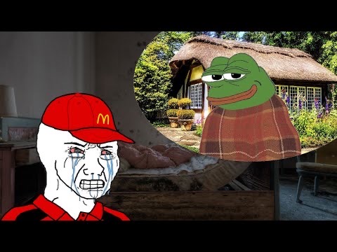 Meme image of a McDonald's worker dreaming of a relaxed NEET lifestyle with Pepe the frog in a cozy cottage