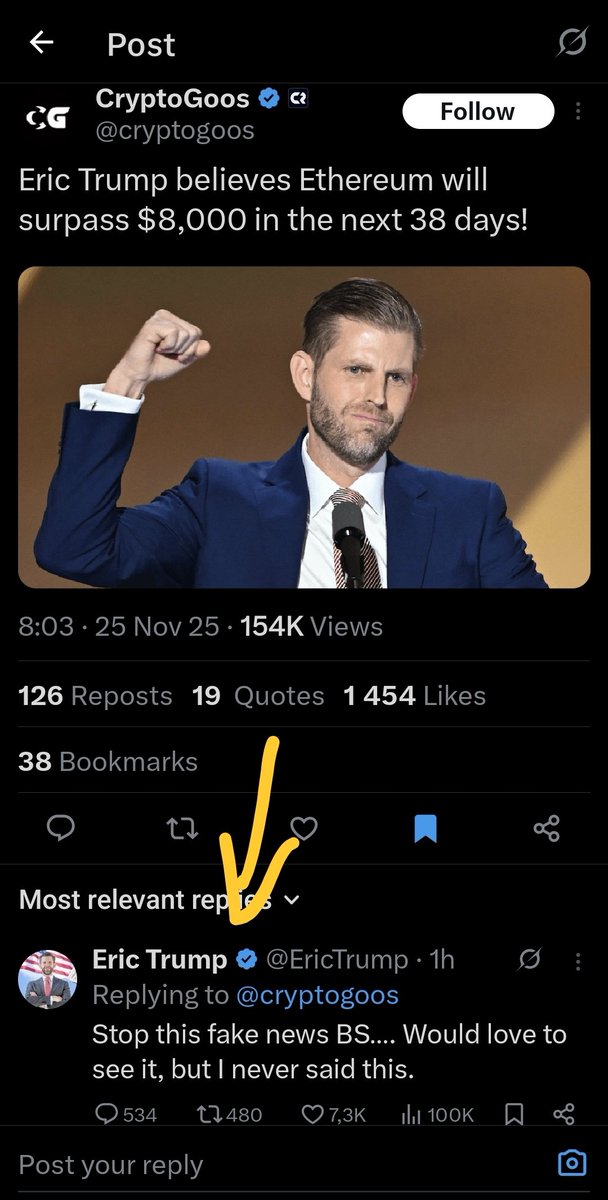 Hey <a href="/realDonaldTrump/">Donald J. Trump</a>, <a href="/EricTrump/">Eric Trump</a> says this is fake news.
So what’s your actual take on Bitcoin?
The crypto world wants the Trump quote from the source