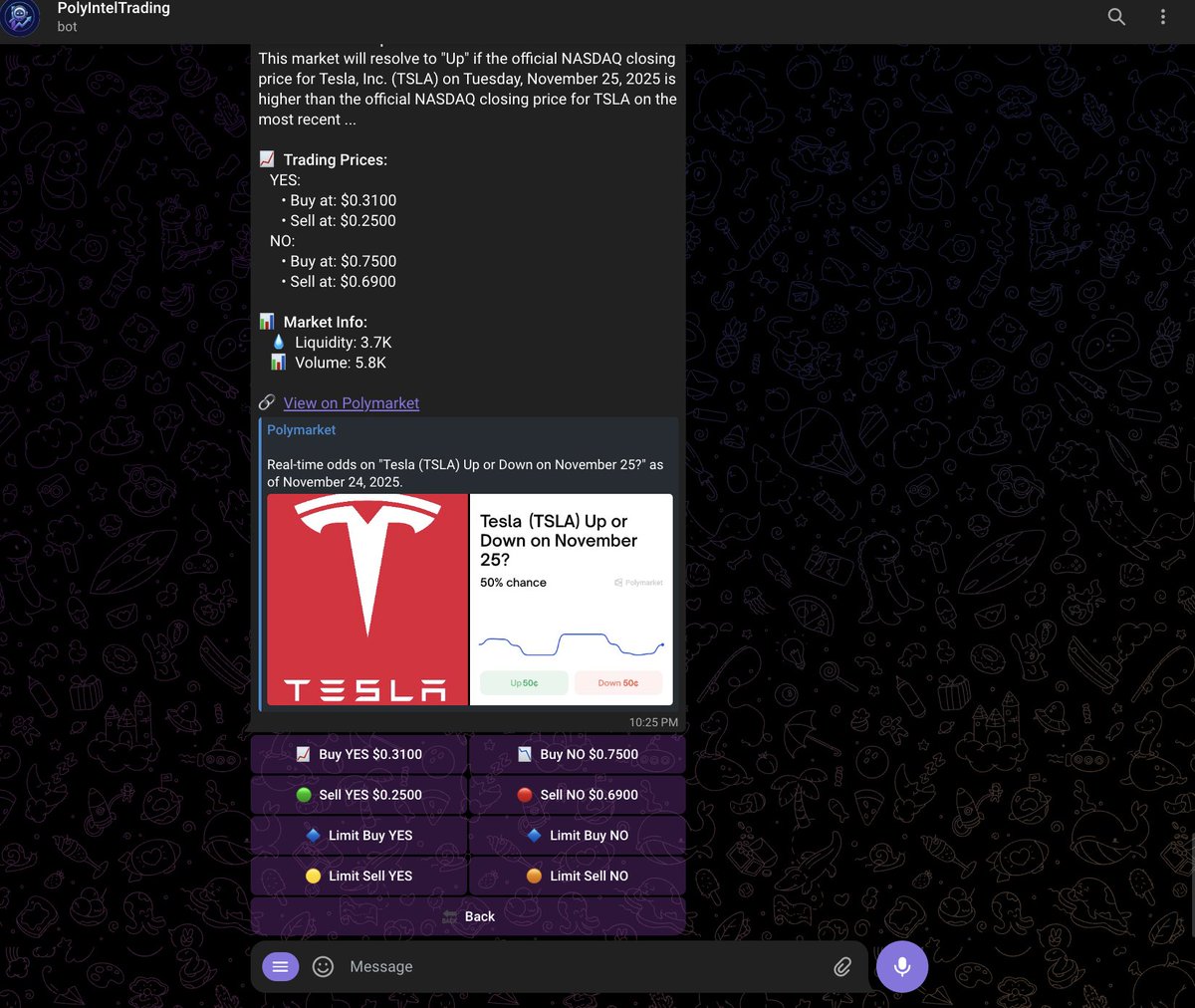 Introducing polyintel.xyz  
Native Polymarket trading inside Telegram.  
The workflow is dead simple: insert market link → get trade.  
No lag, no wallet connect spam. Just paste and execute.  
Try it here: polyintel.xyz