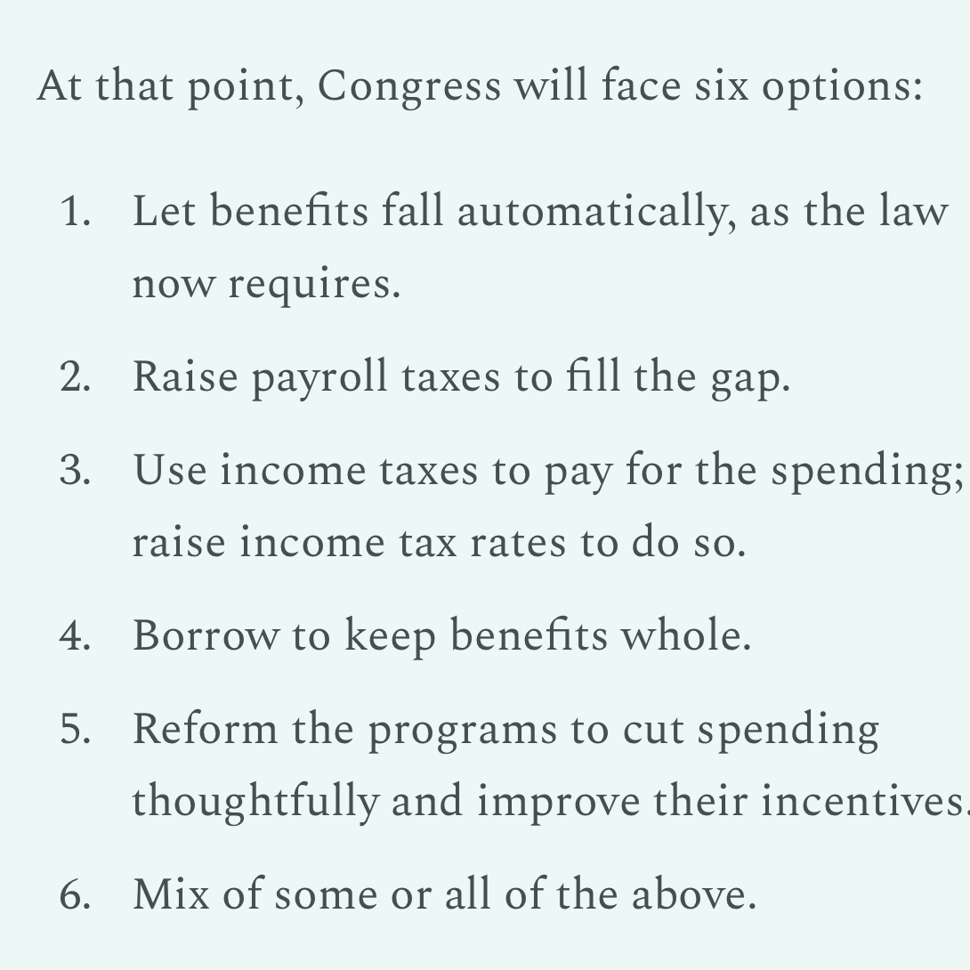 GreenPlusAnE's tweet image. When Social Security is depleted in the early 2030’s, Congress will have six options: