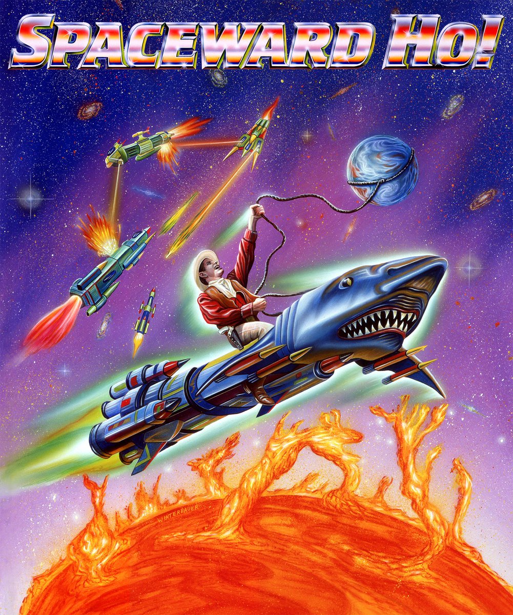 MikeWinterbauer's tweet image. Fun painting and title for Spaceward Ho computer game 1993!
#illustration #popculture #boxart #retrogames #spacewardho