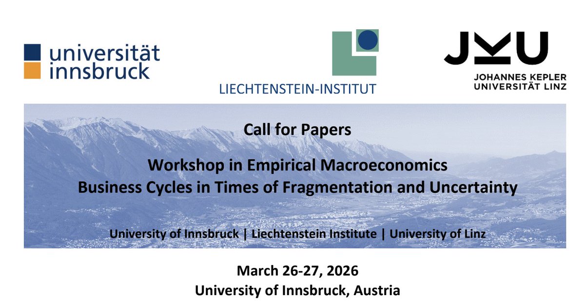 Excited to give a keynote at the 4th Workshop in Empirical Macroeconomics, “Business Cycles in Times of Fragmentation and Uncertainty,” at the University of Innsbruck (March 26–27, 2026). Macro, winter &amp; Kaiserschmarrn in the Alps – what’s not to like?